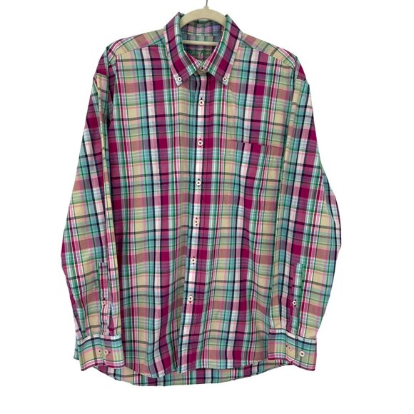 Alan Flusser Mens Plaid Button Down Long Cotton Sleeve Shirt Pink Green Large - Picture 1 of 5